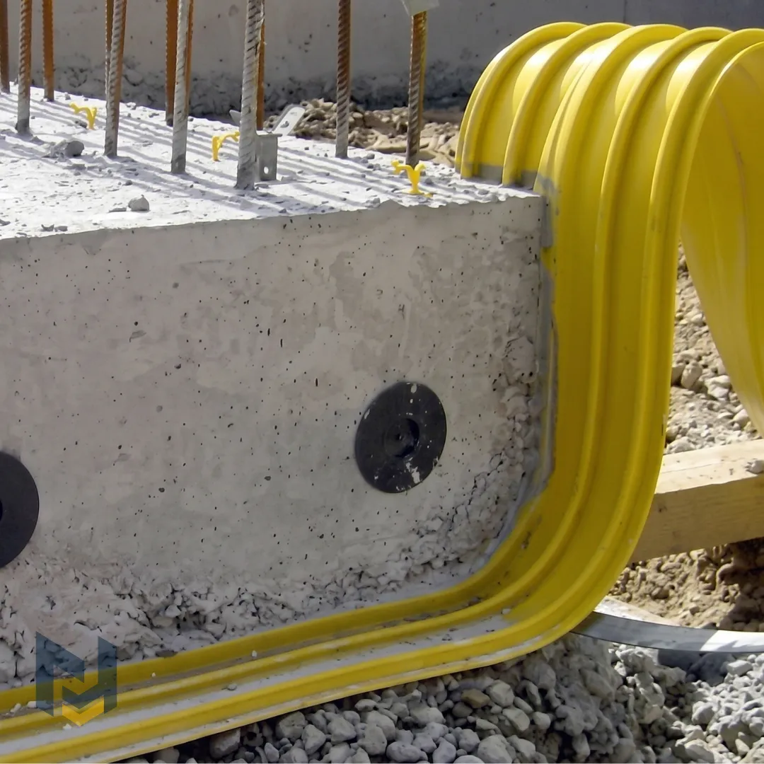 Joint Waterstop PVC jaune positionné dans un ferraillage avant bétonnage